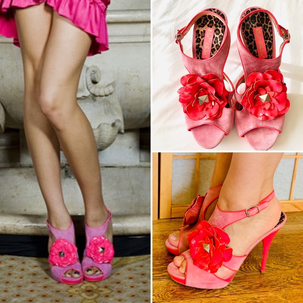 Betsey Johnson Pink Flower Runway Suede Heels 8